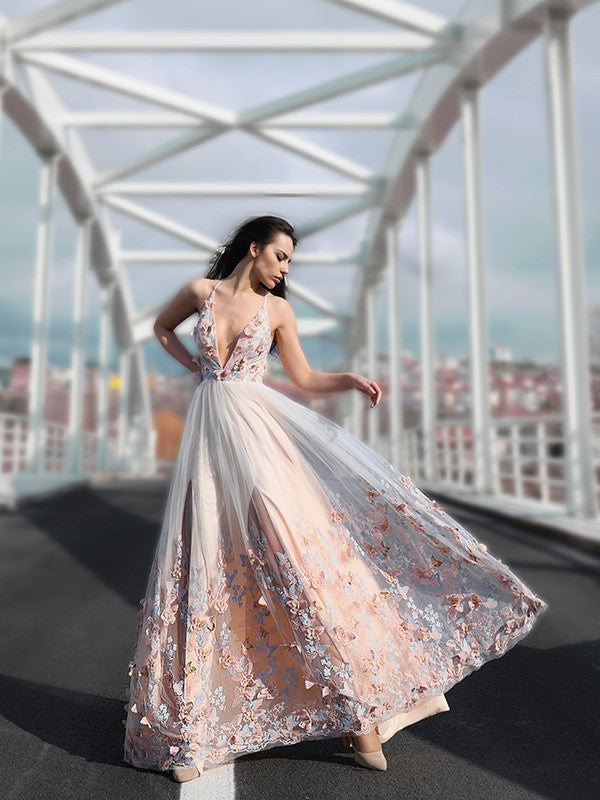 A-Line/Princess Tulle Floor-Length V-neck Sleeveless Applique Dresses