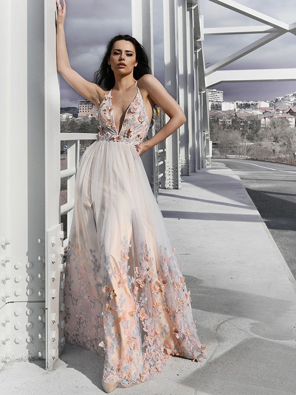 A-Line/Princess Tulle Floor-Length V-neck Sleeveless Applique Dresses