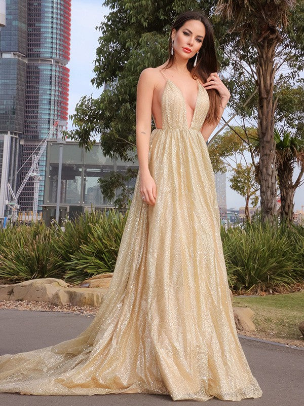 A-Line/Princess Sleeveless V-neck Sweep/Brush Train Ruched Tulle Dresses