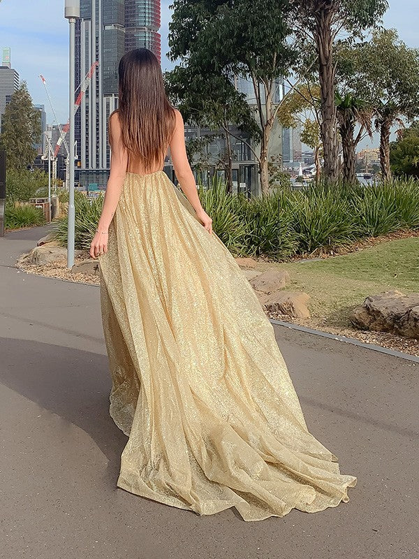 A-Line/Princess Sleeveless V-neck Sweep/Brush Train Ruched Tulle Dresses