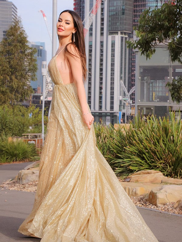 A-Line/Princess Sleeveless V-neck Sweep/Brush Train Ruched Tulle Dresses