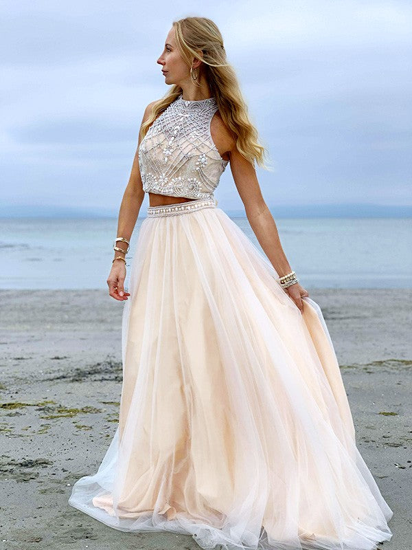 A-Line/Princess High Neck Tulle Beading Sleeveless Floor-Length Two Piece Dresses