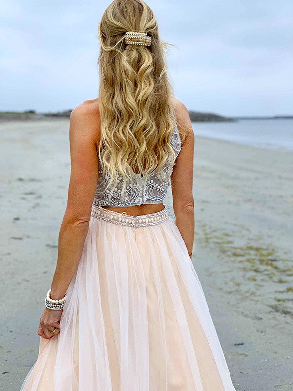 A-Line/Princess High Neck Tulle Beading Sleeveless Floor-Length Two Piece Dresses