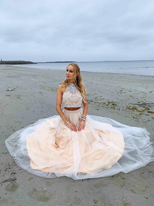 A-Line/Princess High Neck Tulle Beading Sleeveless Floor-Length Two Piece Dresses