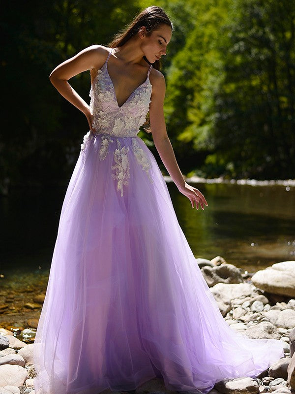 A-Line/Princess Tulle V-neck Applique Sleeveless Sweep/Brush Train Dresses