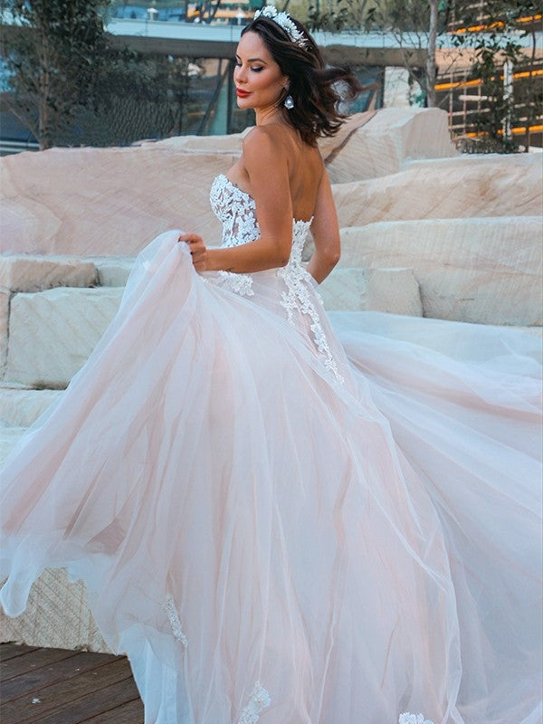 A-Line/Princess Sweetheart Tulle Applique Sleeveless Sweep/Brush Train Wedding Dresses