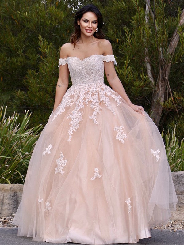 A-Line/Princess Tulle Applique Off-the-Shoulder Sleeveless Floor-Length Dresses