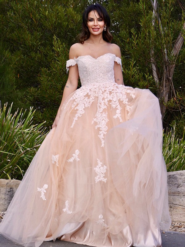 A-Line/Princess Tulle Applique Off-the-Shoulder Sleeveless Floor-Length Dresses