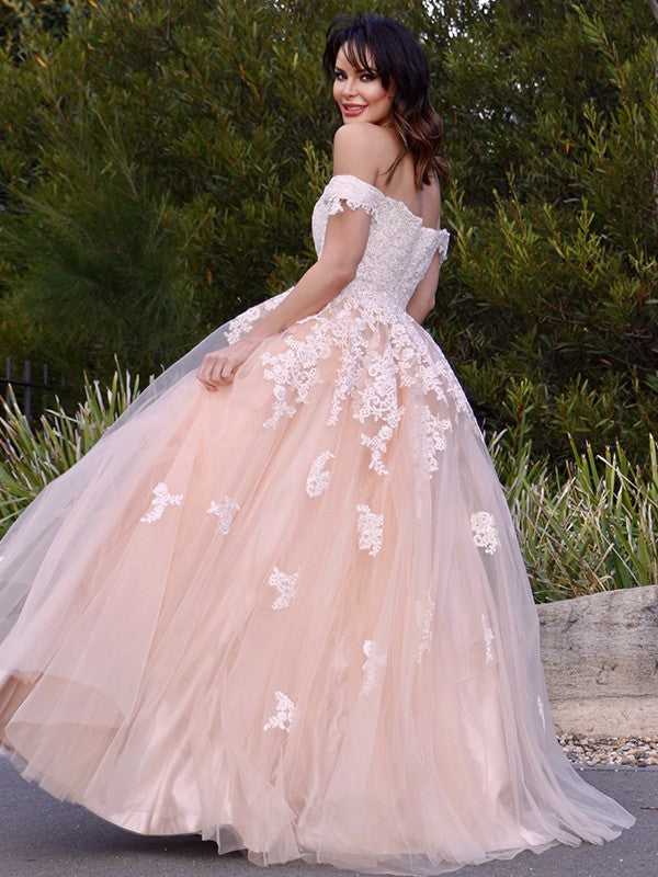 A-Line/Princess Tulle Applique Off-the-Shoulder Sleeveless Floor-Length Dresses