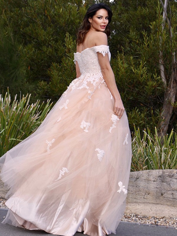 A-Line/Princess Tulle Applique Off-the-Shoulder Sleeveless Floor-Length Dresses