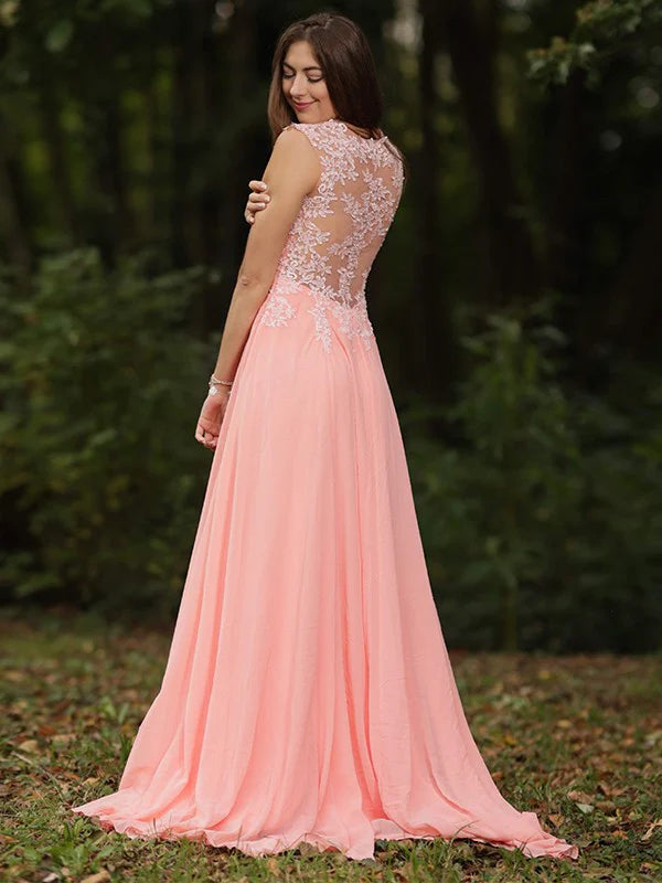 A-Line Princess Chiffon Lace V-neck Sleeveless Prom Dresses