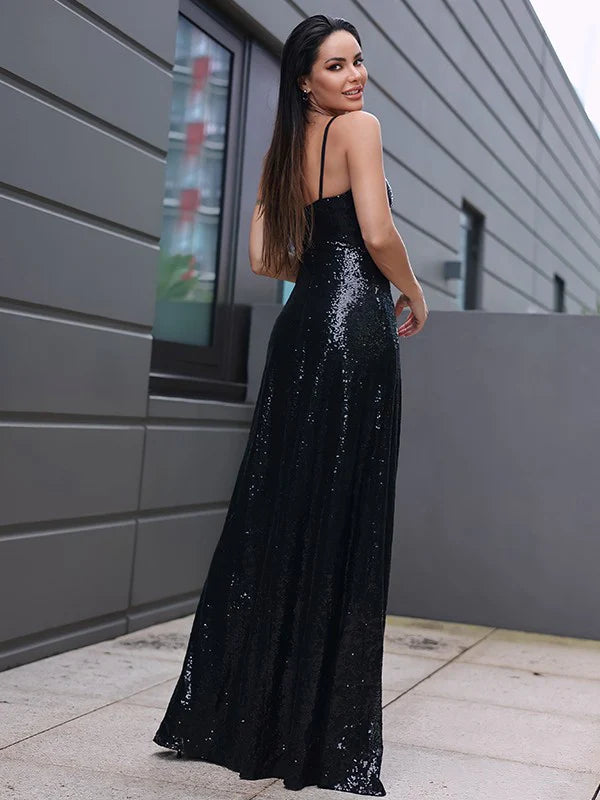DingjiSequins Ruffles V-neck Sleeveless Floor-Length Dresses