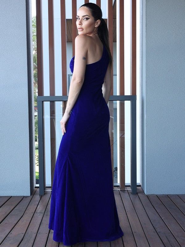 Sheath/Column Velvet Ruched One-Shoulder Sleeveless Floor-Length Dresses