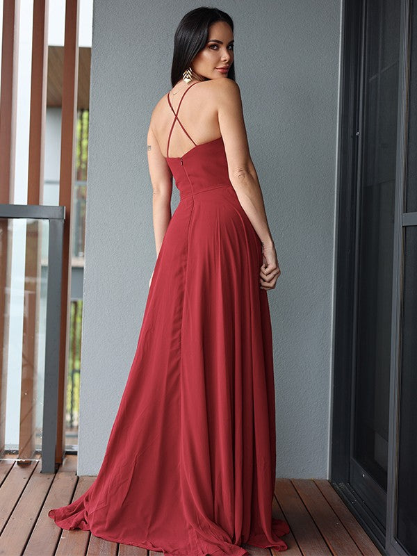 A-Line/Princess Chiffon Ruffles V-neck Sleeveless Sweep/Brush Train Dresses