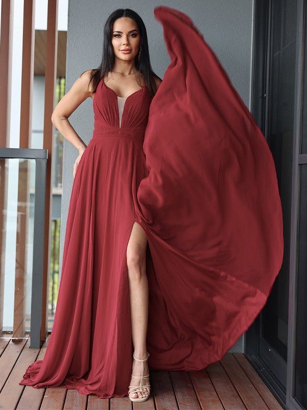 A-Line/Princess Chiffon Ruffles V-neck Sleeveless Sweep/Brush Train Dresses