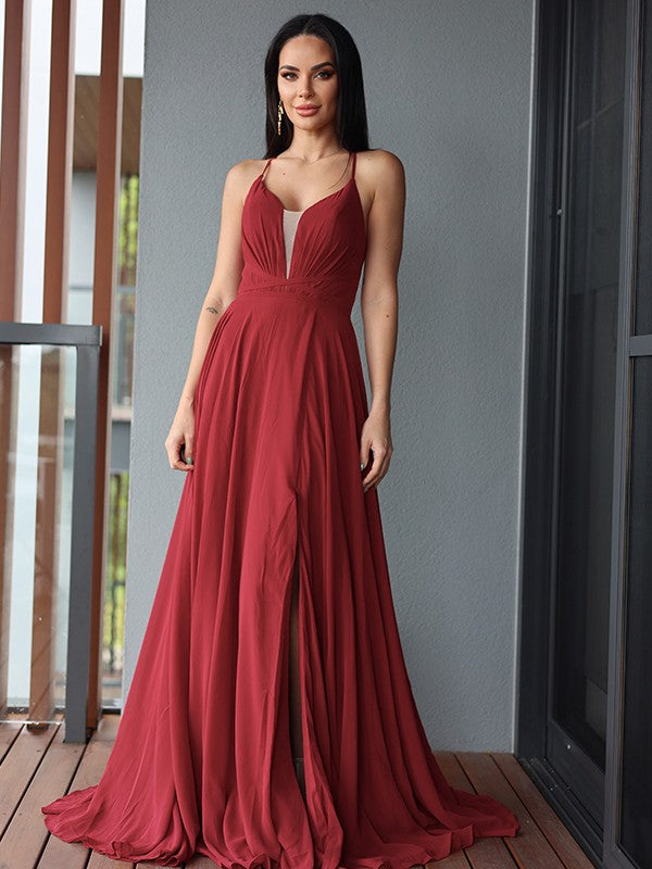 A-Line/Princess Chiffon Ruffles V-neck Sleeveless Sweep/Brush Train Dresses