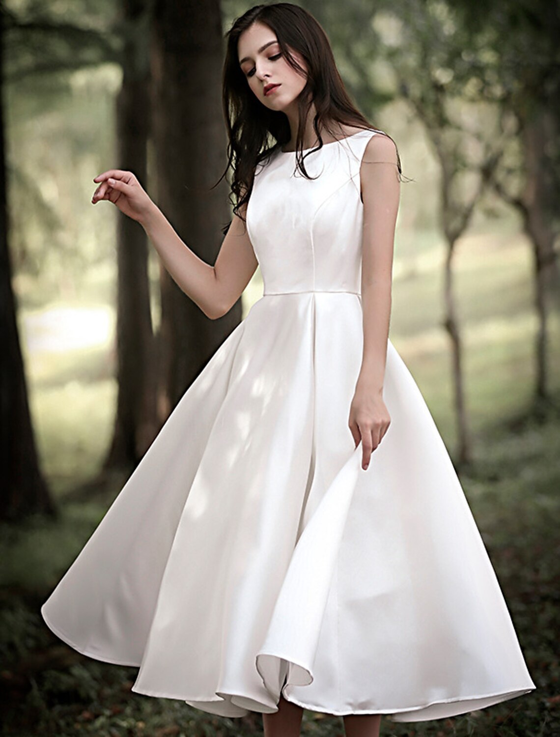 Reception Little White Dresses Wedding Dresses A-Line Scoop Neck Sleeveless Tea Length Satin Bridal Gowns With Solid Color Summer Wedding Party