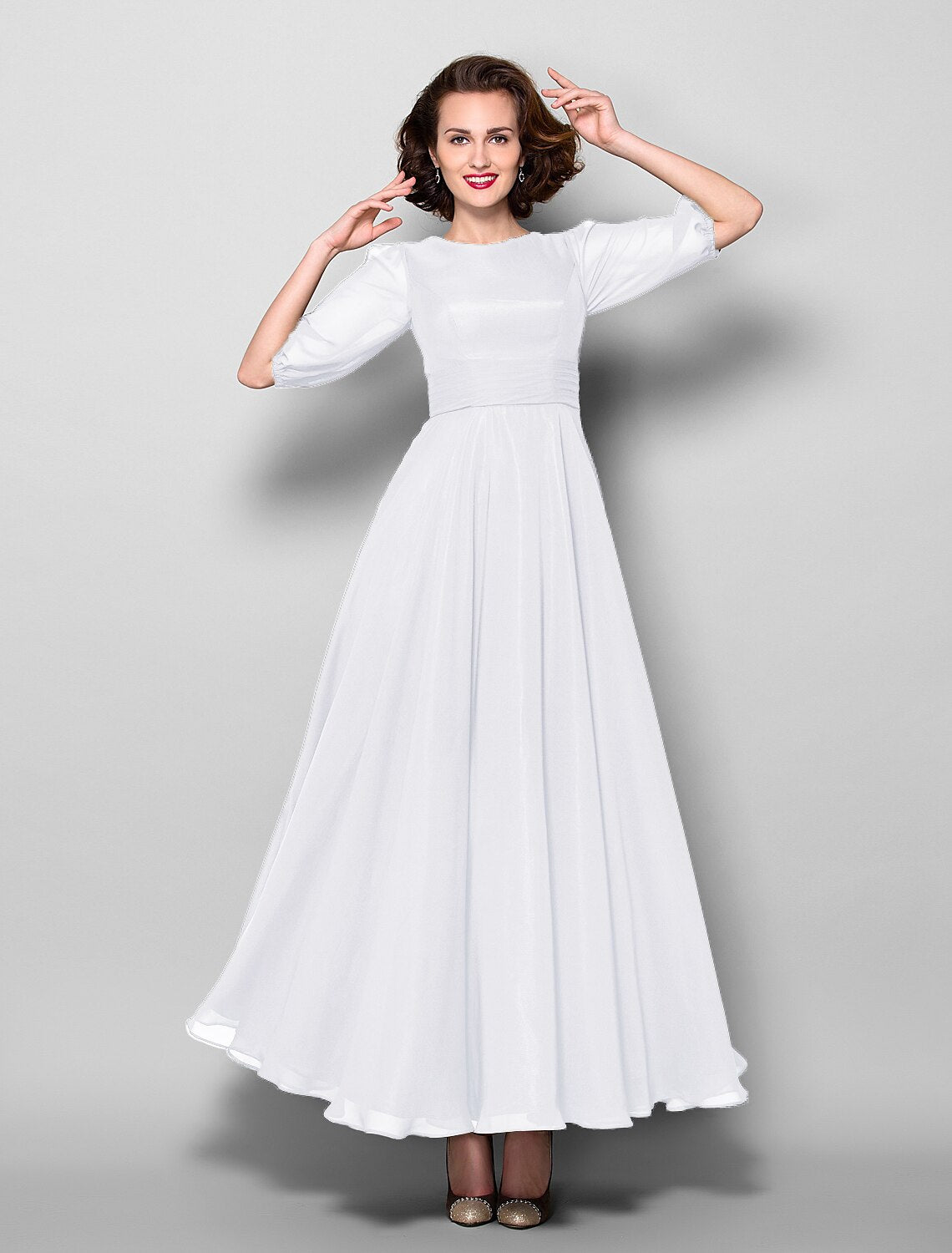 A-Line Mother of the Bride Dress Elegant Jewel Neck Ankle Length Chiffon Half Sleeve with Sash / Ribbon Ruched