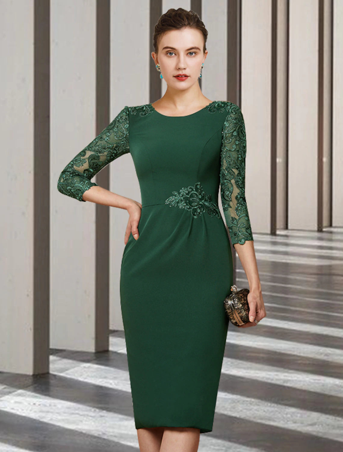 Sheath / Column Mother of the Bride Dress Elegant Jewel Neck Short / Mini Chiffon Lace Long Sleeve with Sash / Ribbon Applique