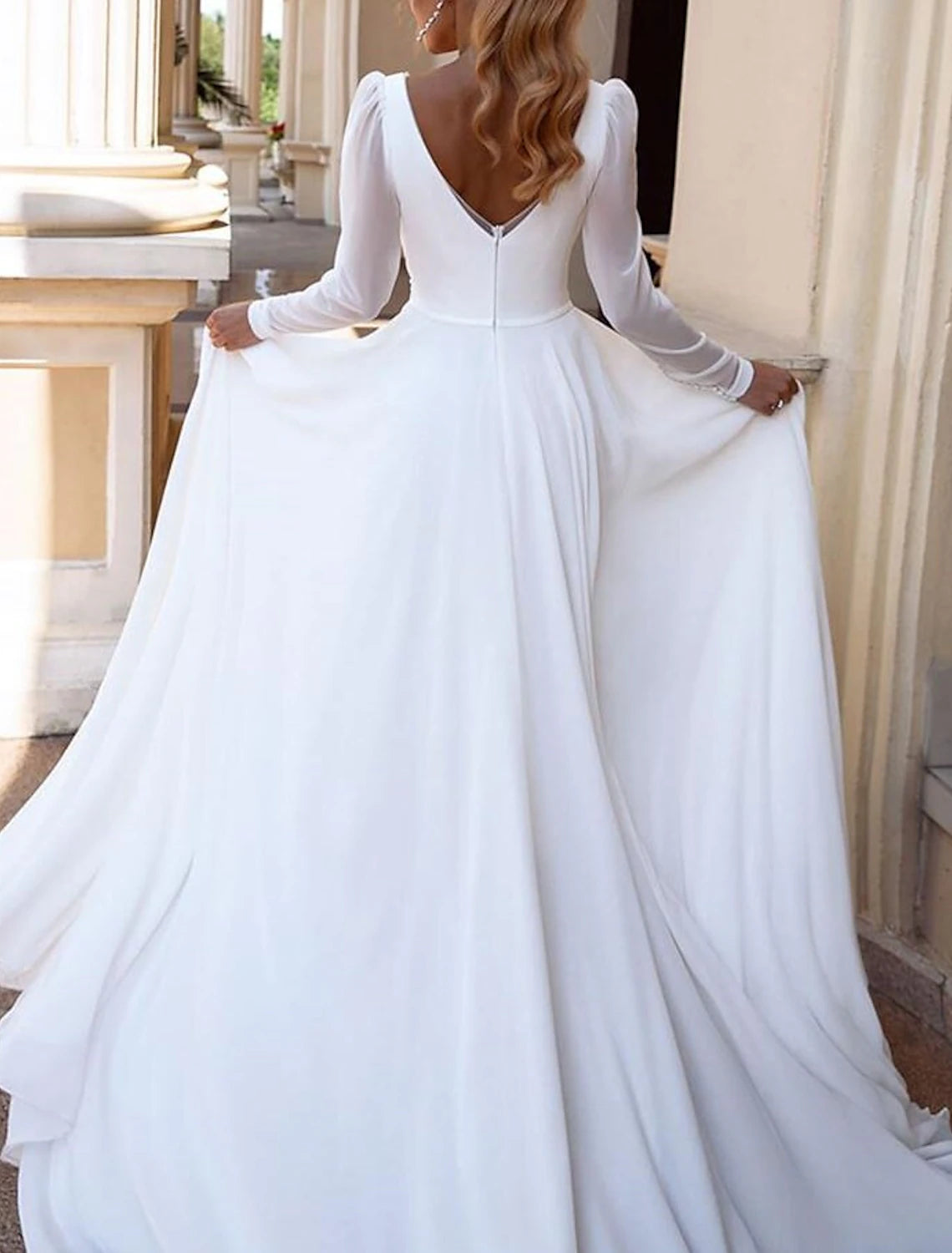 Hall Casual Wedding Dresses A-Line V Neck Long Sleeve Court Train Chiffon Bridal Gowns With Solid Color