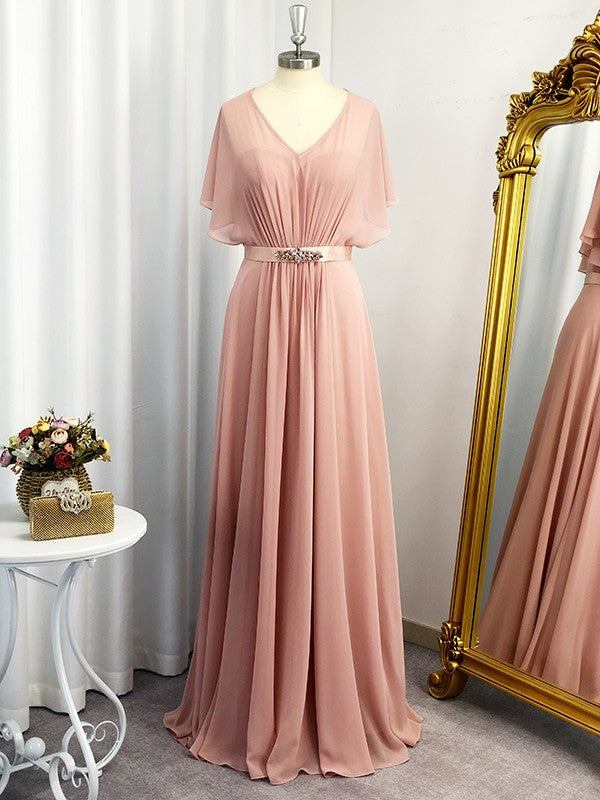 A-Line/Princess Sweetheart Short Sleeves Chiffon Sash/Ribbon/Belt Floor-Length Dresses