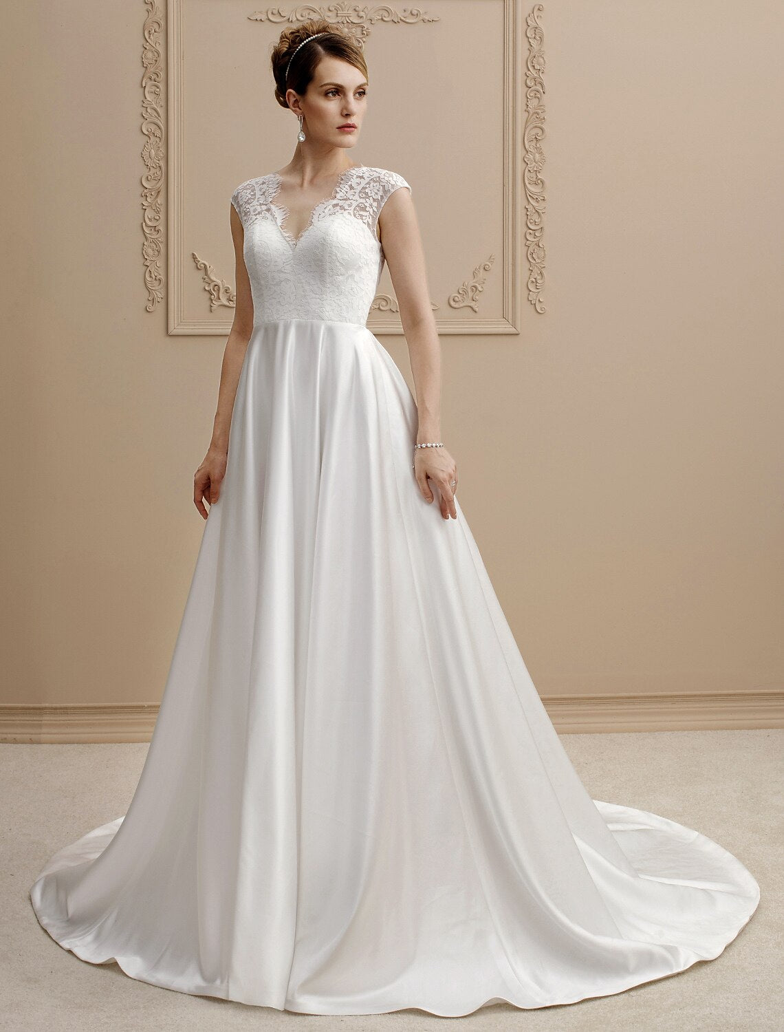 Wedding Dresses A-Line V Neck Cap Sleeve Court Train Lace Over Satin Bridal Gowns With Sashes / Ribbons Bow(s)