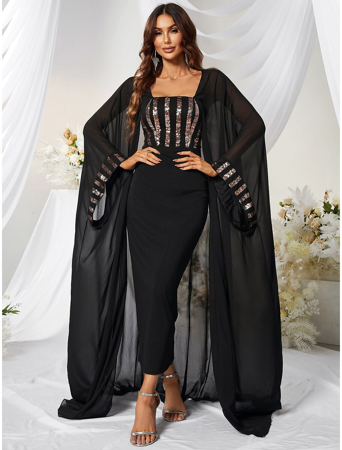 Mermaid / Trumpet Wedding Guest Dresses Elegant Dress Formal Ankle Length Long Sleeve Square Neck Capes Polyester with Beading Shawl