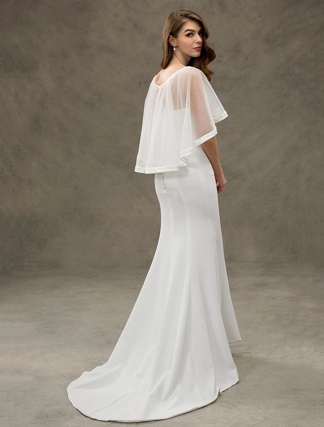 Beach Wedding Dresses Mermaid / Trumpet Scoop Neck Half Sleeve Sweep / Brush Train Chiffon Bridal Gowns With Tiered