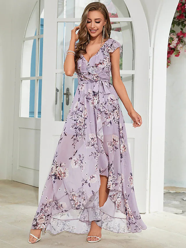 DingjiA-Line Wedding Guest Dresses Floral Dress Party Wear Asymmetrical Sleeveless V Neck Chiffon with Ruffles Strappy