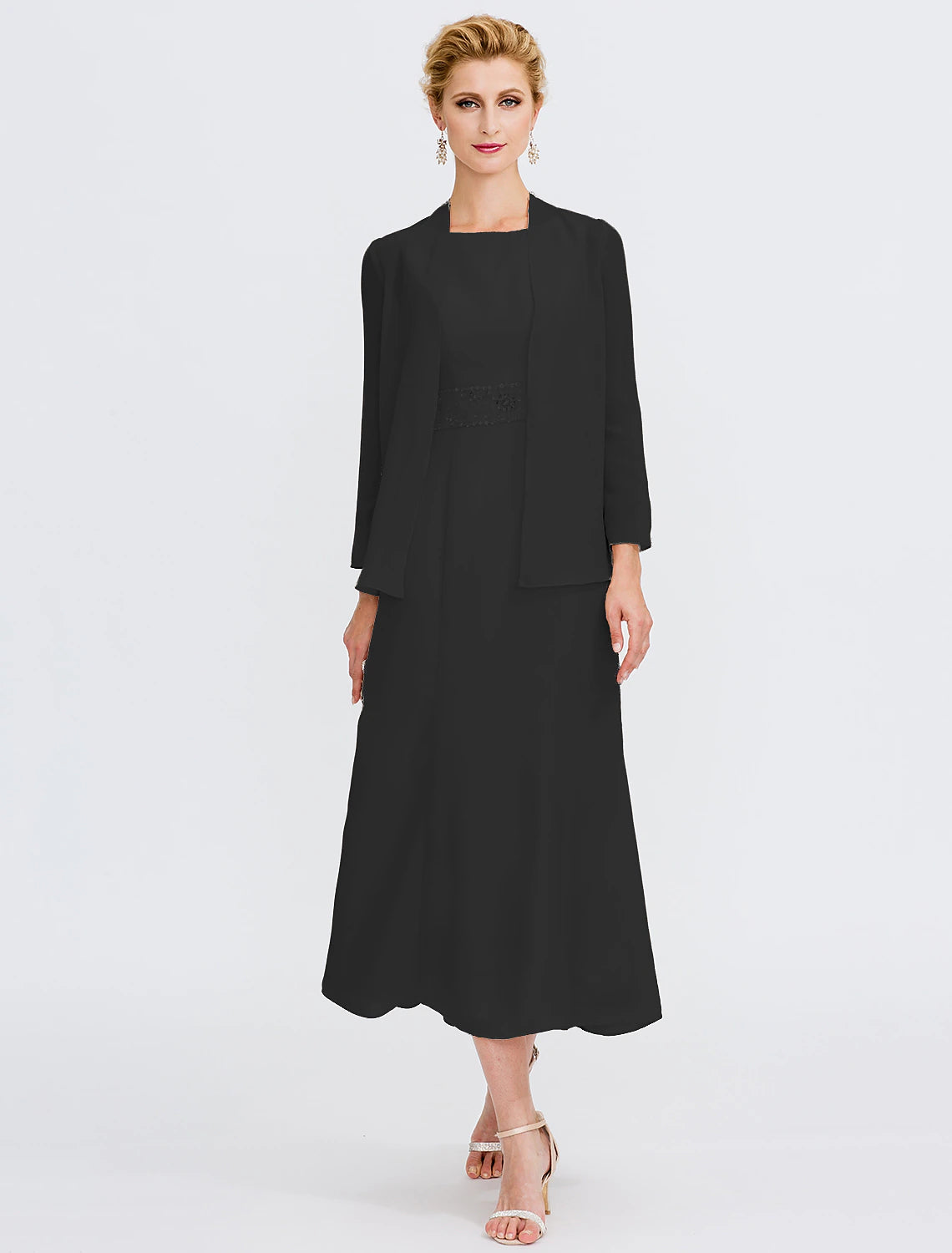 Two Piece Sheath / Column Mother of the Bride Dress Fall Wedding Guest Dresses Plus Size Elegant Jewel Neck Tea Length Chiffon Sleeveless Wrap Included with Sash / Ribbon Pleats Beading 2023