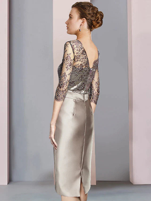 DingjiSheath / Column Mother of the Bride Dress Wedding Guest Elegant Square Neck Knee Length Satin Lace Half Sleeve with Bow(s) Ruching
