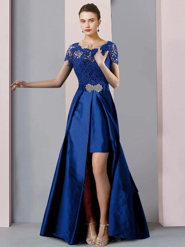 Two Piece Sheath / Column Mother of the Bride Dress Formal Church Elegant detachable Scoop Neck Knee Length Lace Taffeta Short Sleeve with Bow(s) Crystal Brooch