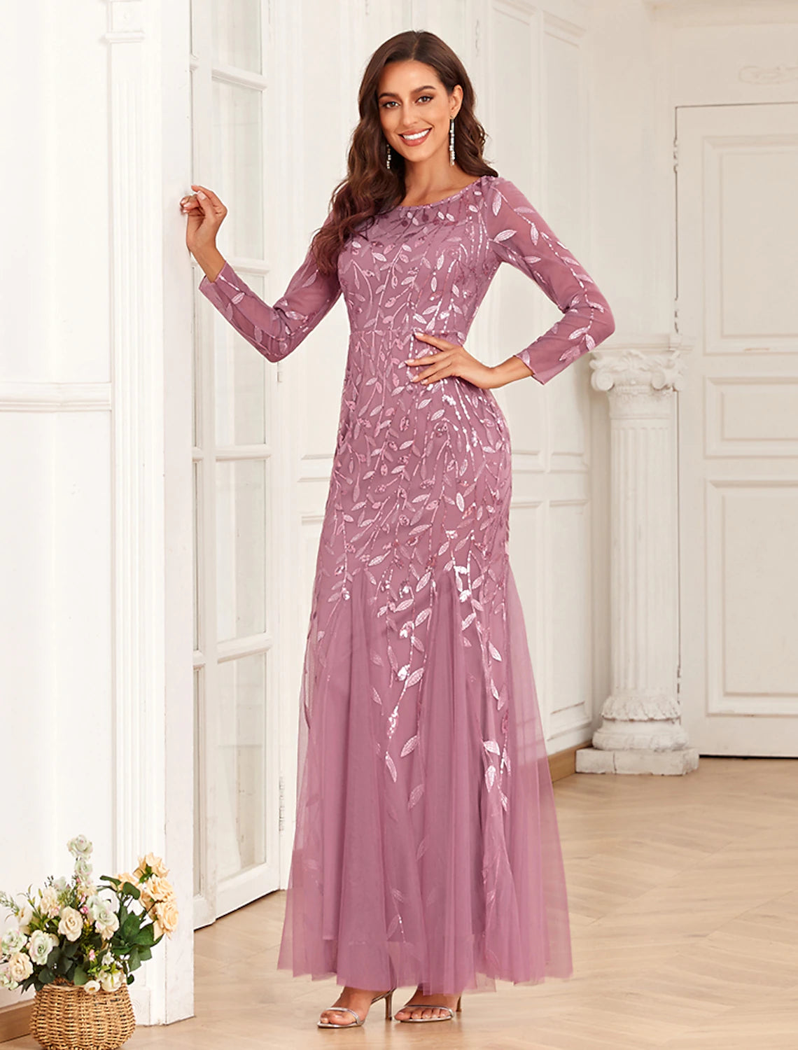 Mermaid / Trumpet Evening Gown Elegant Dress Wedding Guest Prom Floor Length Long Sleeve Jewel Neck Tulle with Embroidery