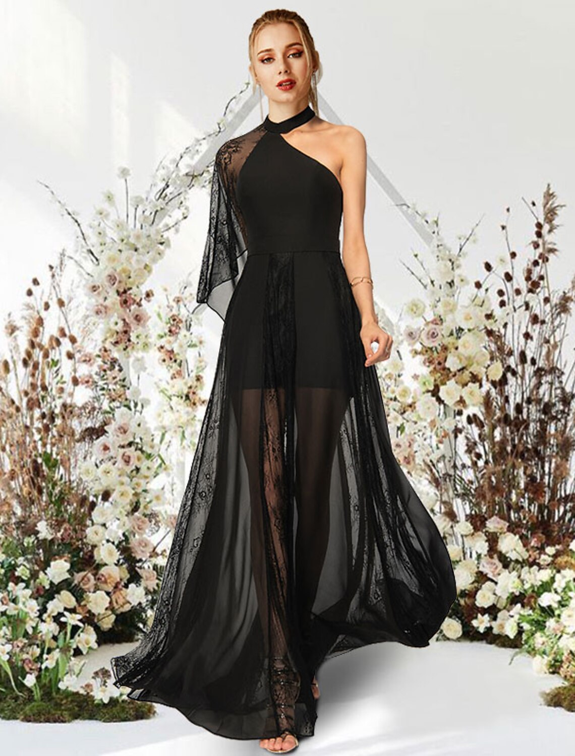 A-Line Evening Gown Empire Dress Wedding Guest Prom Floor Length Half Sleeve One Shoulder Lace with Pleats