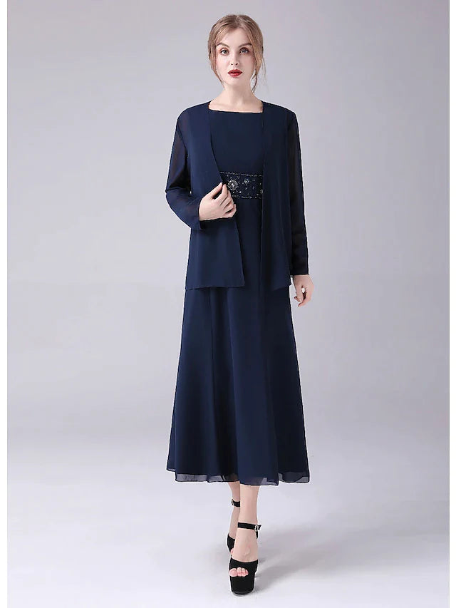 A-Line Mother of the Bride Dress Elegant Sweet Jewel Neck Ankle Length Chiffon Sleeveless with Beading