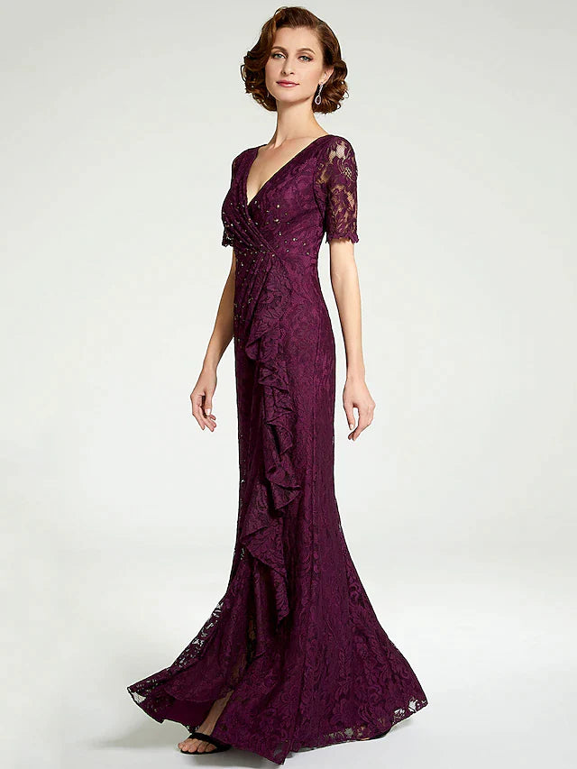 DingjiSheath / Column Mother of the Bride Dress V Neck Floor Length Lace Short Sleeve with Lace Beading