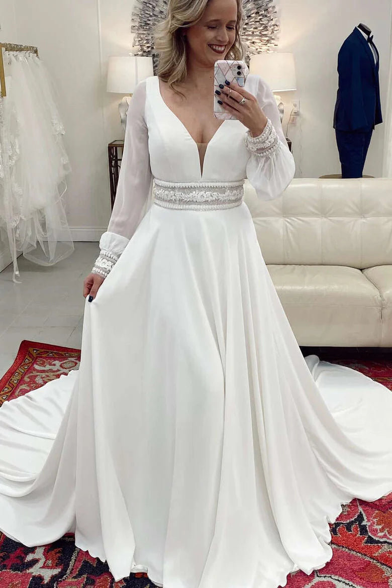 Plunge V Long Sleeve A-Line Wedding Dress