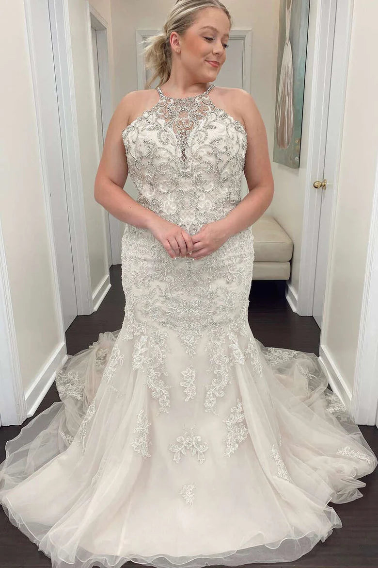 Beaded Halter Trumpet Long Wedding Dress