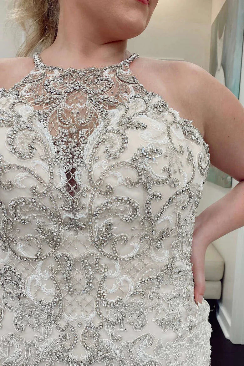 Beaded Halter Trumpet Long Wedding Dress