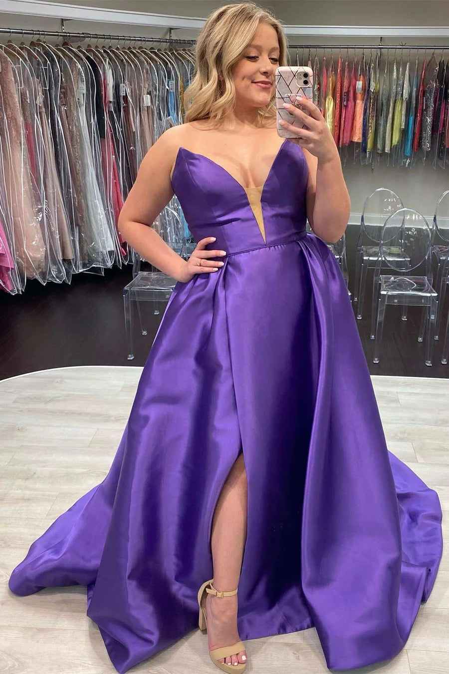Satin V-Neck Strapless A-Line Prom Dress
