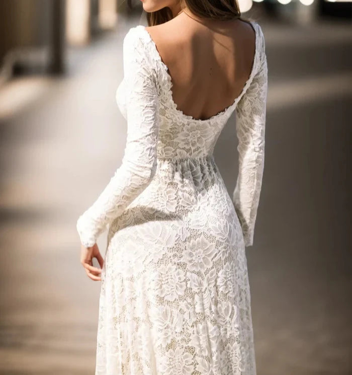 Vintage Floral  Wedding Dress with Sleeves Modest Boat Neck Low-V Back Princess Bridal Gown