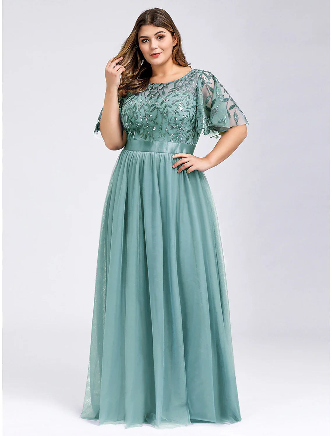 DingjiA-Line Prom Dresses Plus Size Dress Wedding Guest Prom Floor Length Short Sleeve Jewel Neck Bridesmaid Dress Chiffon with Appliques