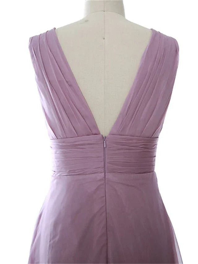 DingjiA-Line Wedding Guest Dresses Elegant Dress Party Wear Floor Length Sleeveless V Neck Chiffon with Ruched