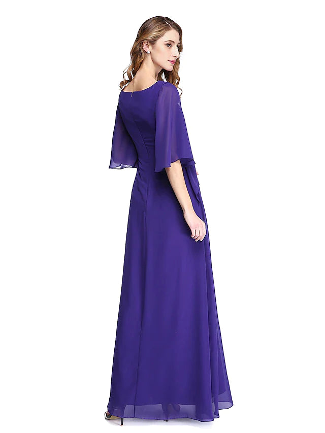 Sheath / Column Mother of the Bride Dress Elegant Open Back Jewel Neck Floor Length Chiffon Half Sleeve with Pleats Beading Ruffle
