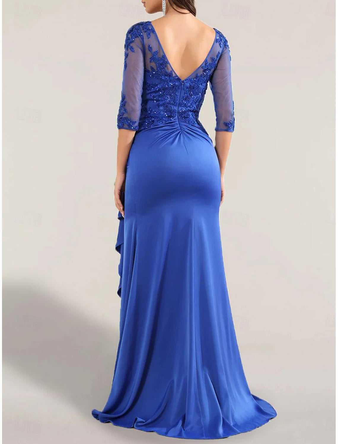 A-Line Evening Gown Party Dress Evening Party Prom Floor Length 3/4 Length Sleeve One Shoulder Satin V Back with Glitter Pleats Sequin