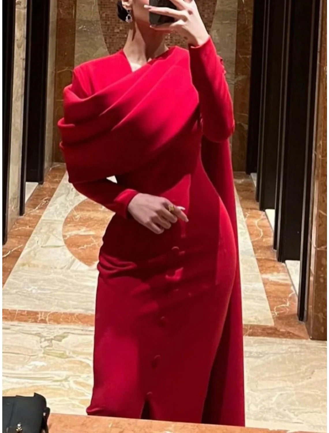 Sheath Red Black Red Green Dress Evening Gown Elegant Cape Dress Formal Fall Sweep / Brush Train Long Sleeve Cowl Neck Stretch Fabric with Buttons Slit