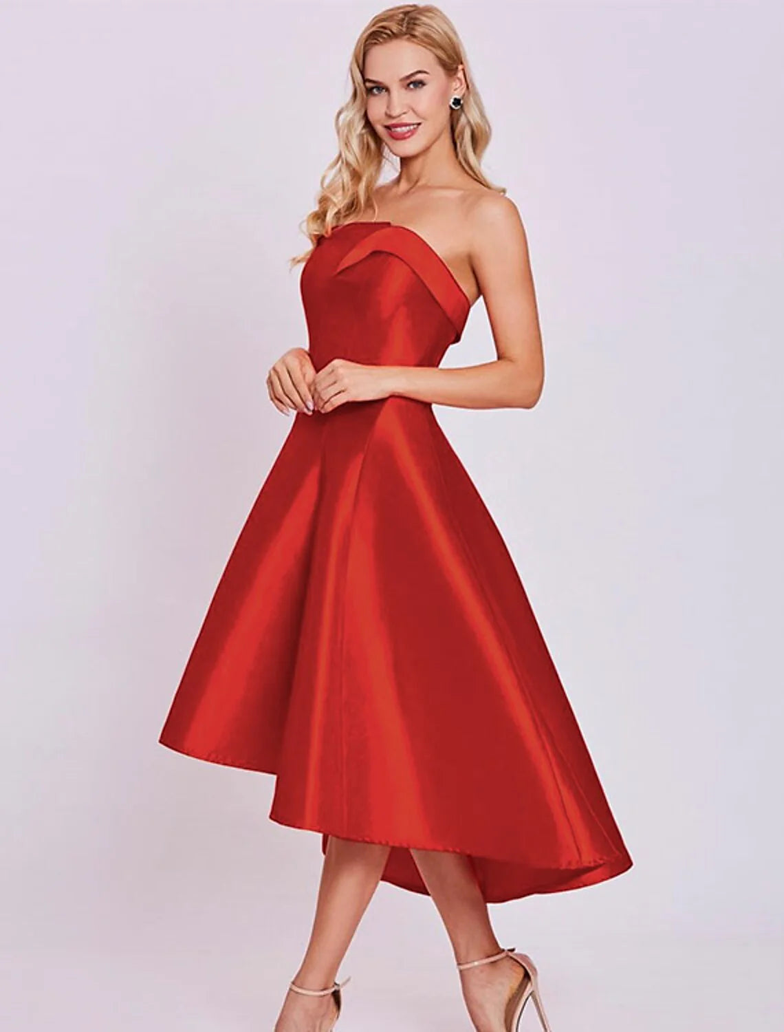 DingjiA-Line Cocktail Dresses Minimalist Dress Homecoming Wedding Guest Tea Length Sleeveless Strapless Satin with Sleek