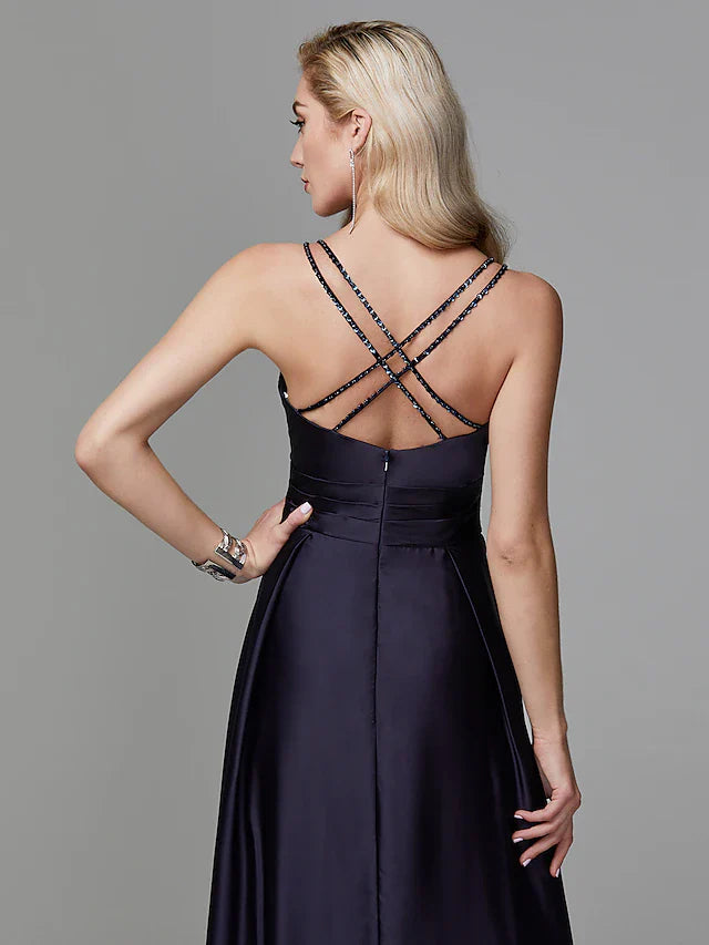 A-Line Prom Dresses Beautiful Back Dress Evening Party Floor Length Sleeveless Spaghetti Strap Satin Crisscross Back with Beading Side Draping