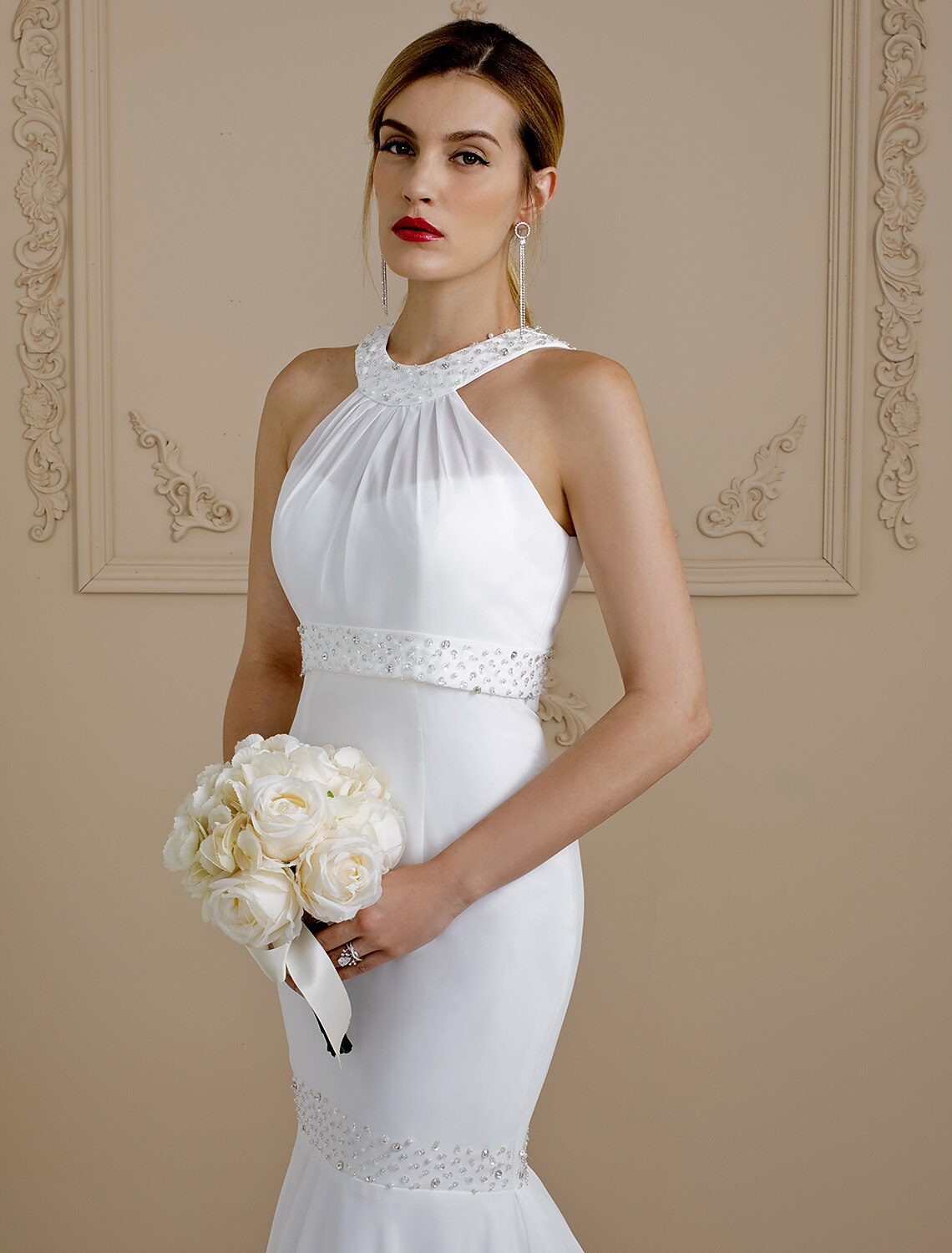 Mermaid / Trumpet Wedding Dresses Halter Neck Court Train Chiffon Regular Straps Sexy Backless with Beading