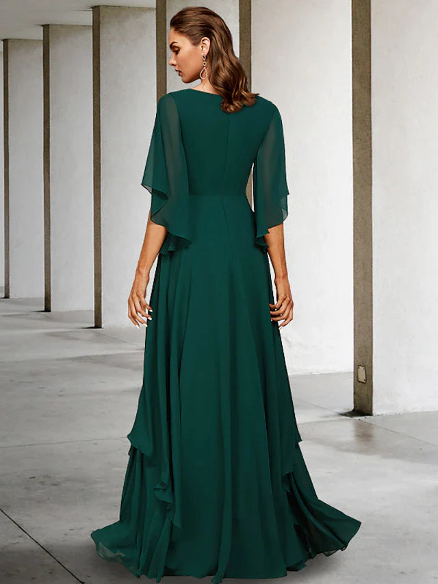 DingjiA-Line Mother of the Bride Dress Elegant V Neck Sweep / Brush Train Chiffon Half Sleeve with Sash / Ribbon Ruffles